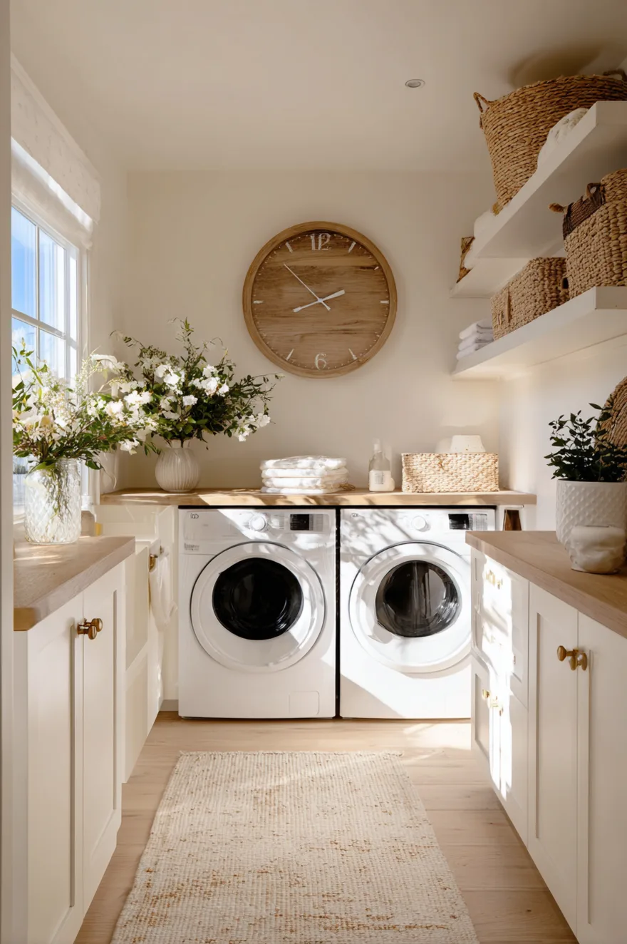 Small laundry room with white cabinets and a window above the washing machine letting in bright natural light.