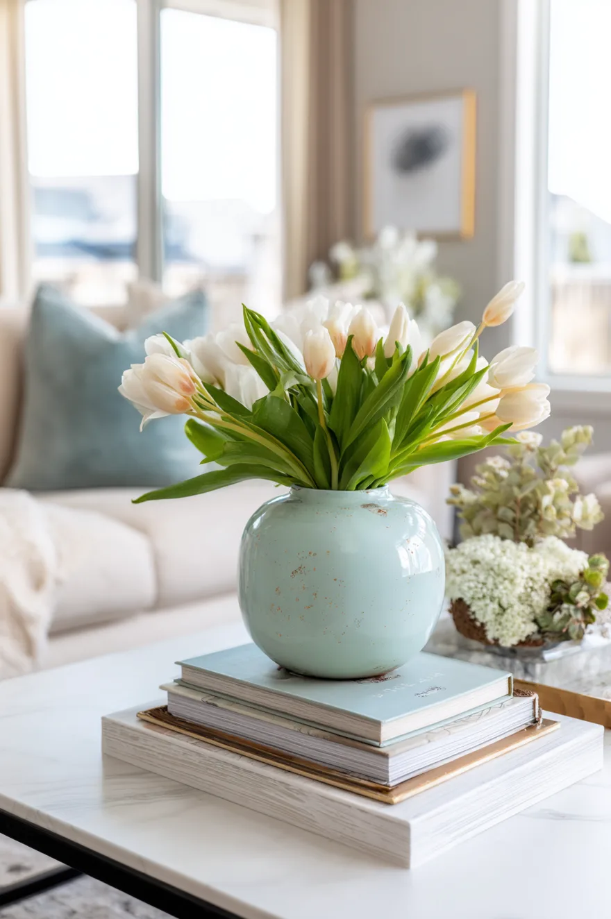 White tulips in a light blue vase placed on top of stacked books on a white marble coffee table.