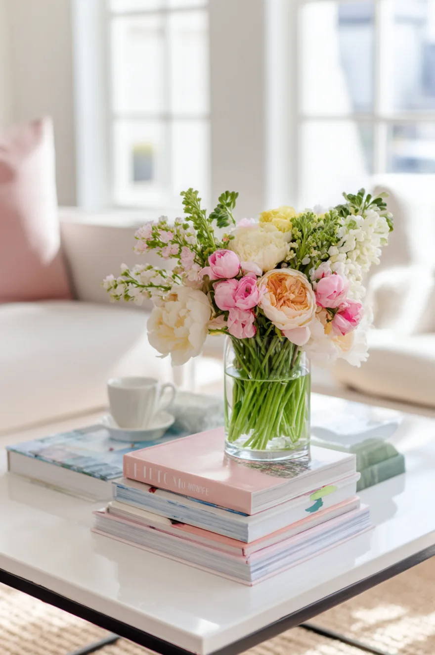 Pink and white spring flowers in a clear vase sitting on a stack of pastel coffee table books.