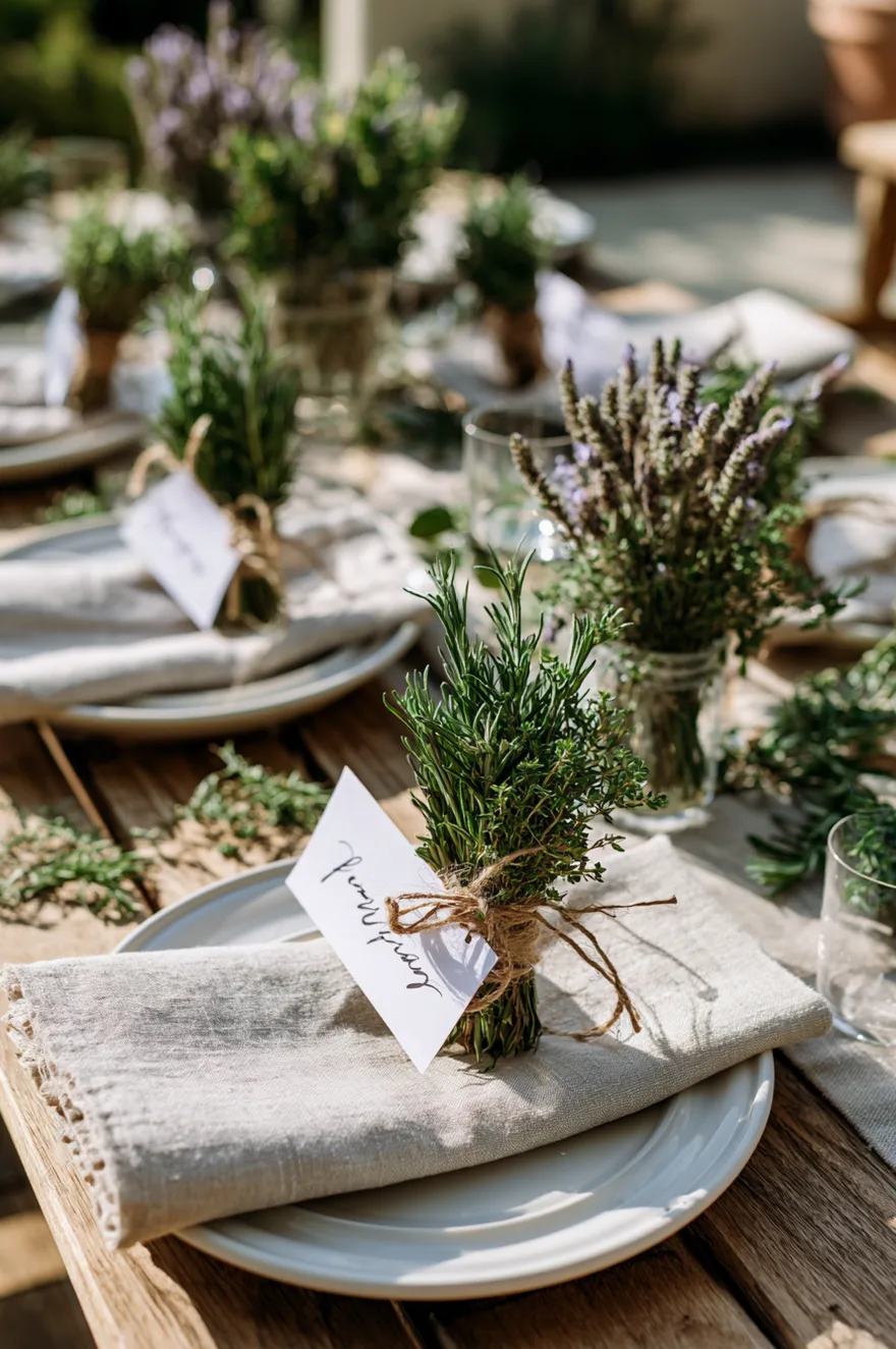 Fresh rosemary sprigs tied with rustic twine and a handwritten name tag, resting on a white ceramic plate over a linen napkin.
