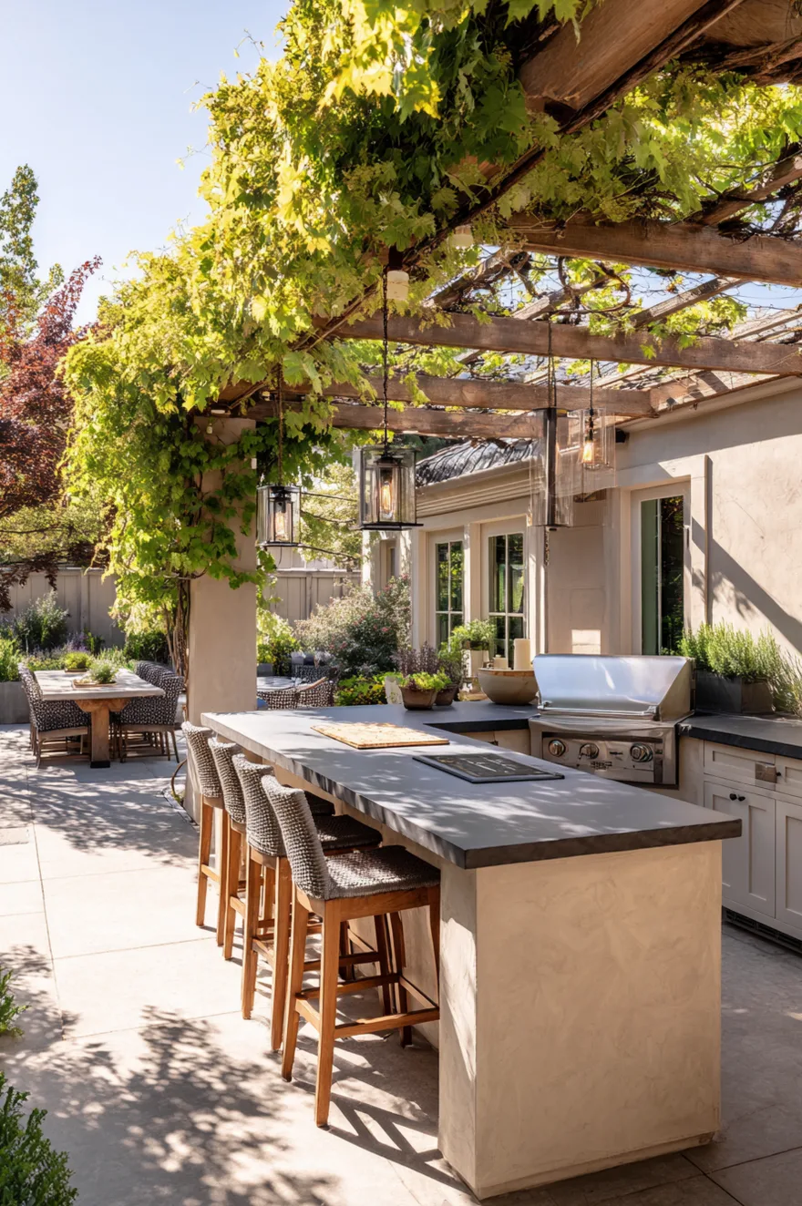 L-shaped outdoor kitchen featuring a grey stone base, stainless steel built-in grill and griddle, light stone countertops, and a wood pergola overhead near a patio seating area.