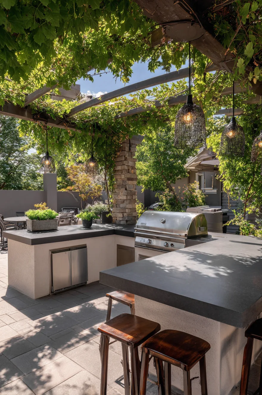 L-shaped outdoor kitchen with a dark grey stucco base, stainless steel grill, smooth concrete countertops, wooden bar stools, and warm overhead string lights.