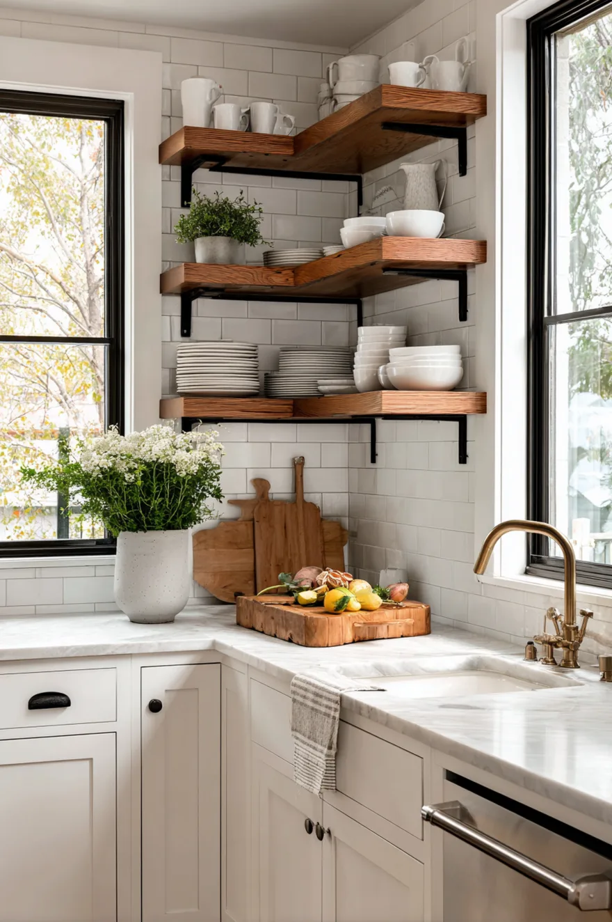 Corner L-shaped thick wooden floating shelves mounted on white subway tile walls above a white marble countertop, displaying neatly stacked white plates and bowls next to wooden cutting boards and a brass faucet.