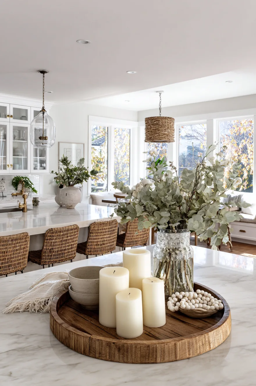 Round wooden tray on a white marble countertop holding four thick cream pillar candles of different heights, a glass vase filled with eucalyptus branches, and a small wooden bowl containing white wooden beads.