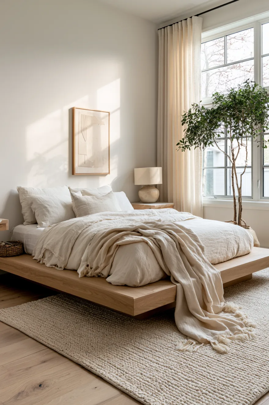 Low-profile light oak platform bed with cream linen sheets and a beige tasseled throw blanket, set against an oatmeal wall with a framed minimalist abstract art piece and a large green tree in the corner near a sunlit window.