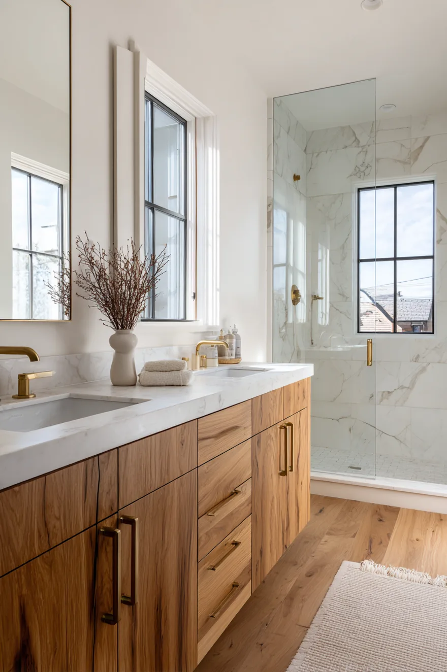 A bright bathroom featuring a natural oak double vanity with a white marble countertop and brass faucets next to a glass enclosed shower with marble tiling.