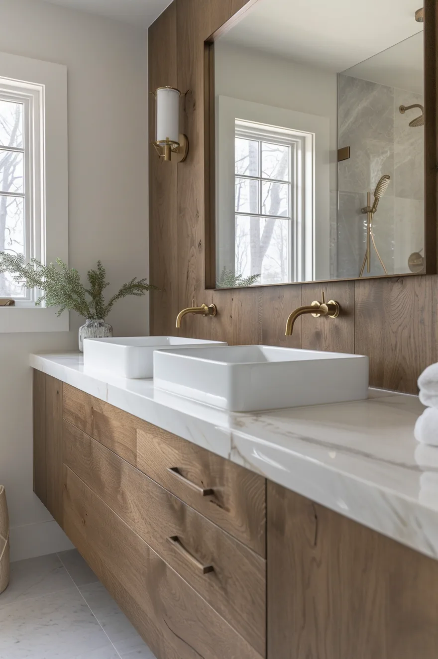 A modern bathroom showcasing a floating wood vanity with a white marble countertop and two square vessel sinks paired with wall mounted brass faucets against a wood paneled wall.