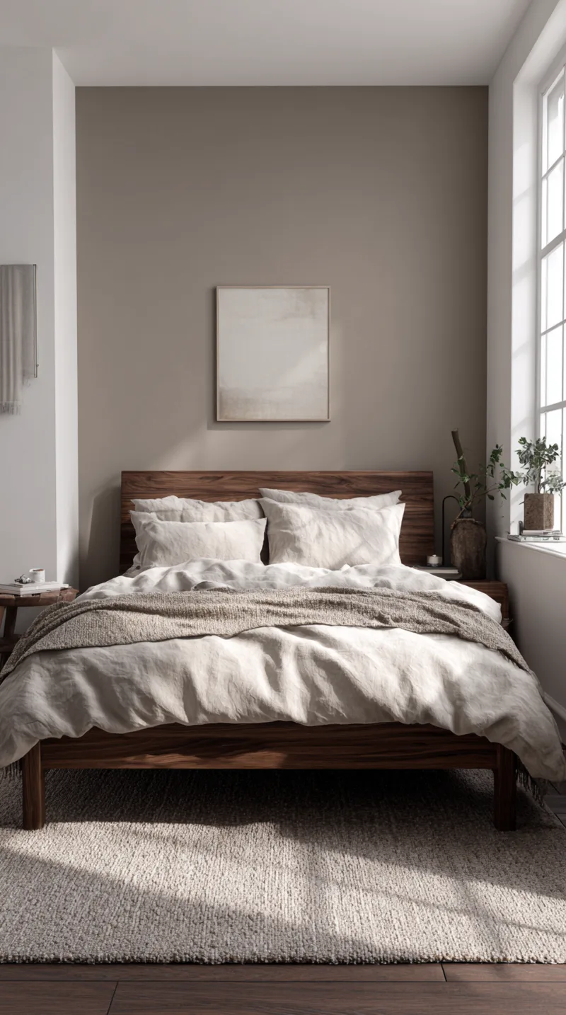 Small bedroom with a soft beige accent wall behind a walnut wood platform bed with linen bedding.