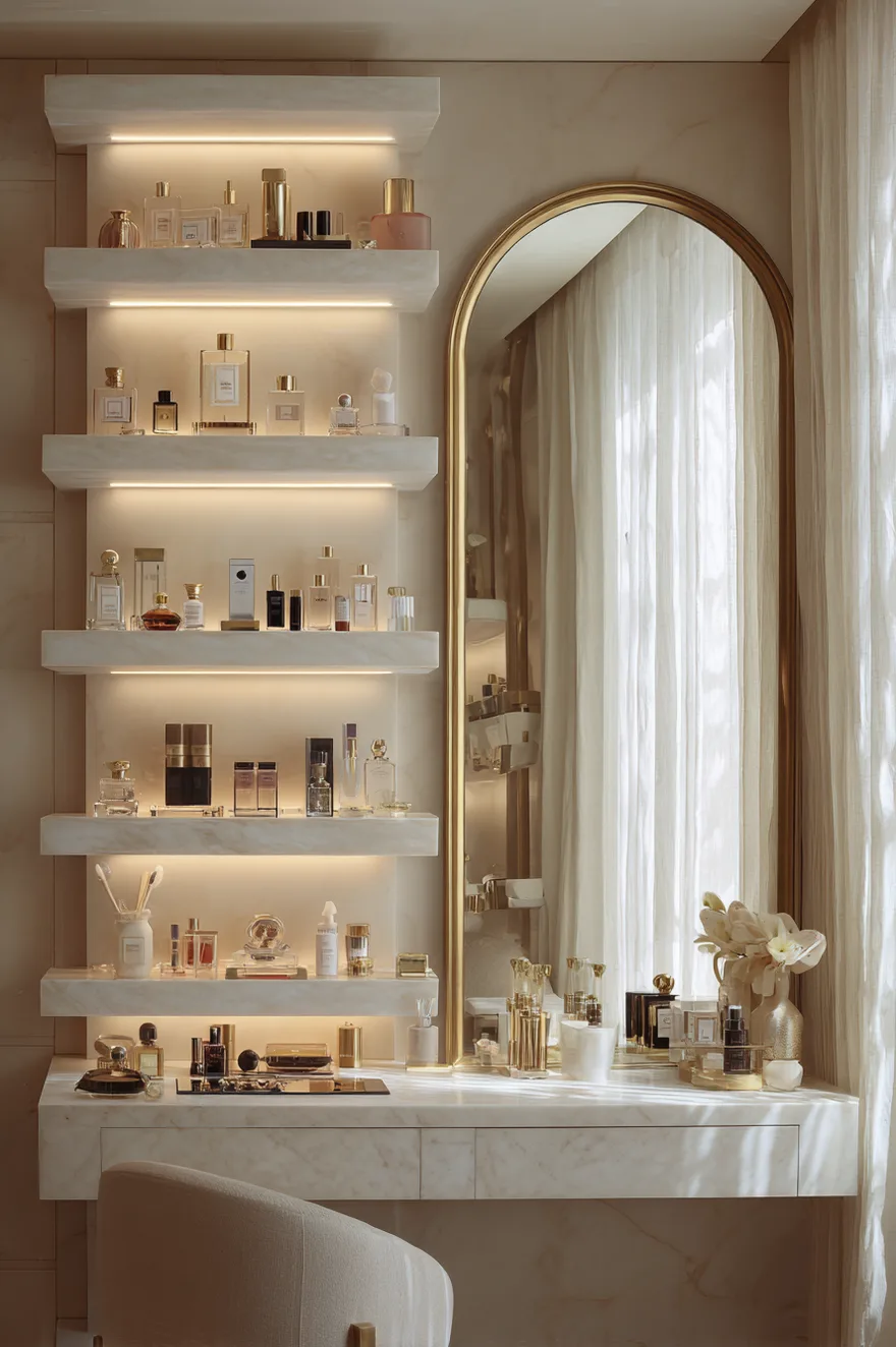 White marble-look floating makeup vanity with a tall brass-framed arched mirror, flanked by four backlit floating shelves displaying perfume bottles, a beige upholstered chair, and sheer white curtains.