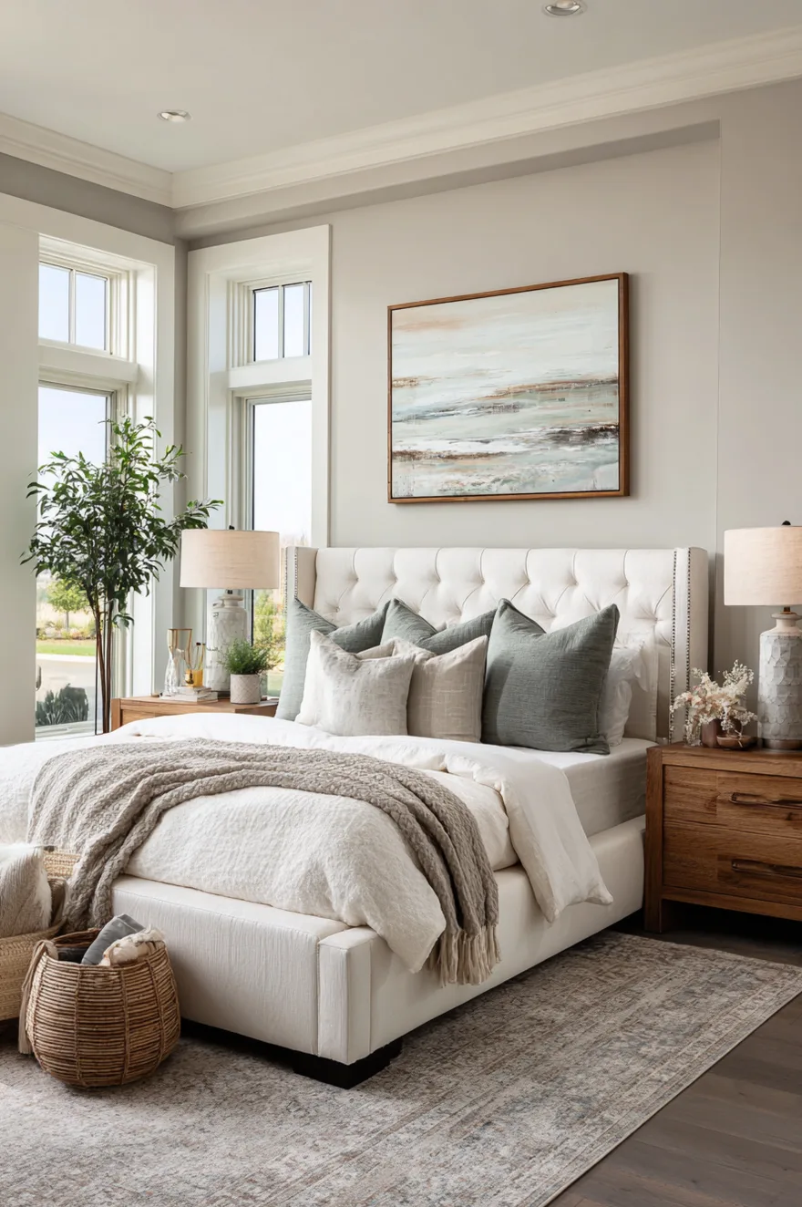 Modern bedroom ideas for couples featuring a warm taupe wall color and neutral bedding for a calming retreat.