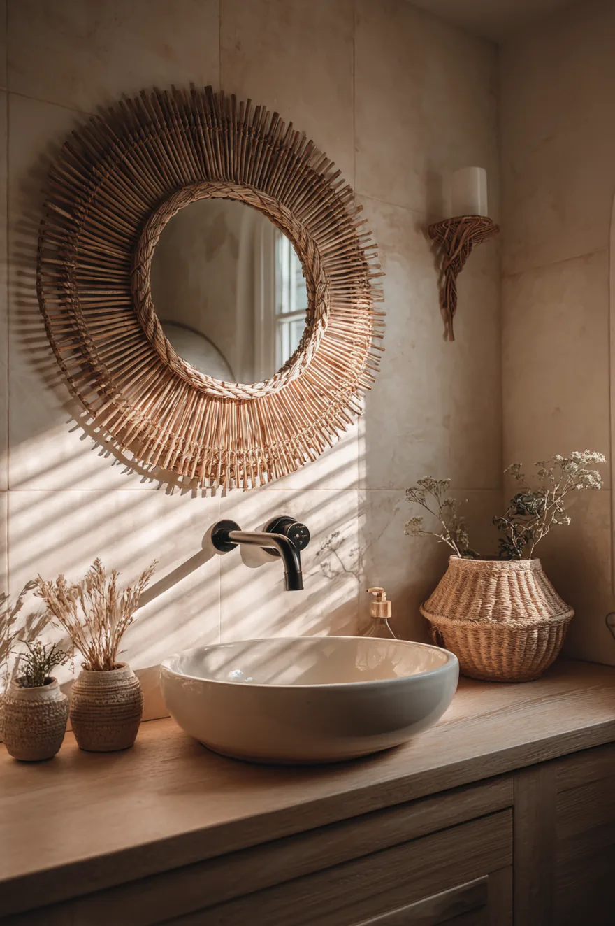 A round sunburst rattan mirror hangs above a white vessel sink with a black wall-mounted faucet on a light wood vanity, surrounded by small woven vases with dried flowers.