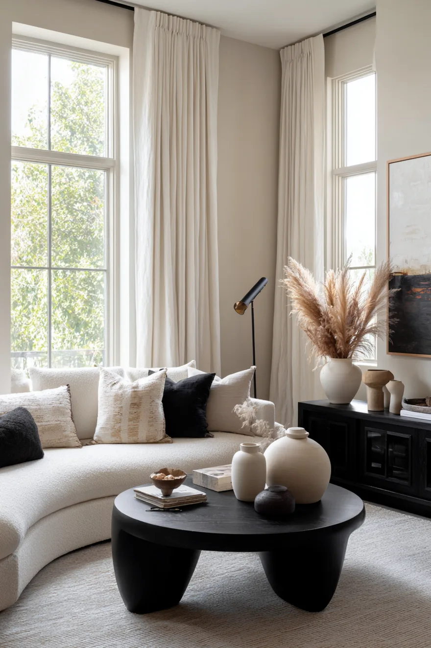 A sleek living room featuring a curved black sculptural coffee table sitting on a textured beige rug in front of a light cream sofa against beige walls.