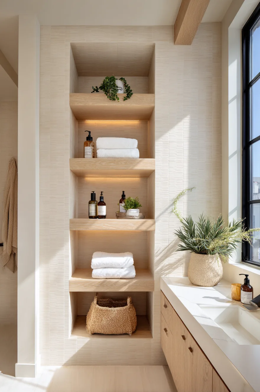 Built-in bathroom wall niches with warm LED lighting displaying rolled white towels, a small potted plant, and a glass apothecary jar.