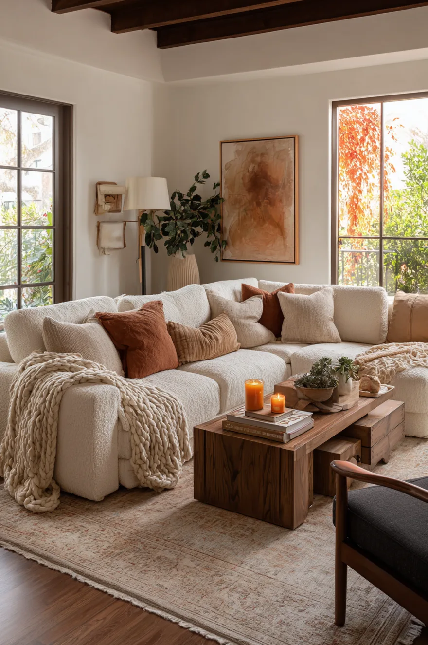 Cream boucle sectional sofa styled with terracotta and taupe throw pillows, a chunky knit blanket, and a rustic rectangular wood coffee table topped with lit candles, set on a distressed neutral vintage style rug.