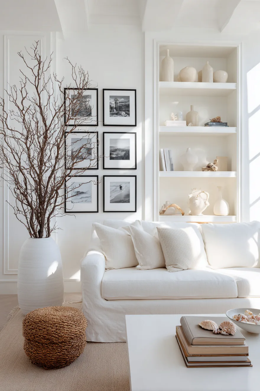 Modern white living room styled with personal framed photos, ceramic vases, and curated bookshelves.