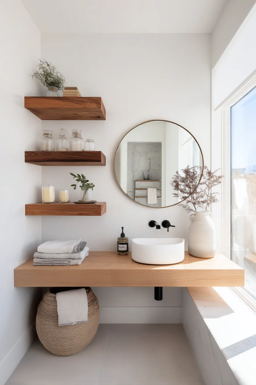 Modern wood floating shelves installed above a bathroom vanity holding glass jars and white towels.