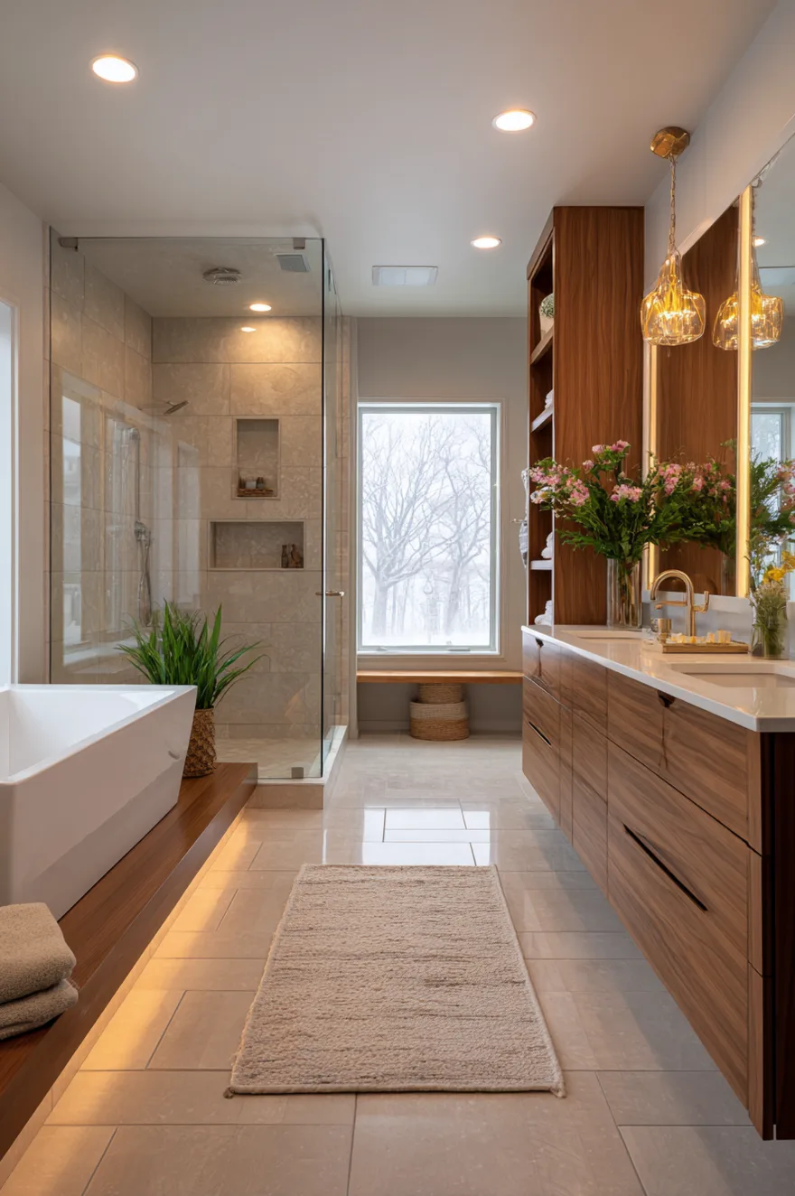 Large glass enclosed walk in shower with beige tile next to a wood double vanity and a white freestanding tub in a bright bathroom.