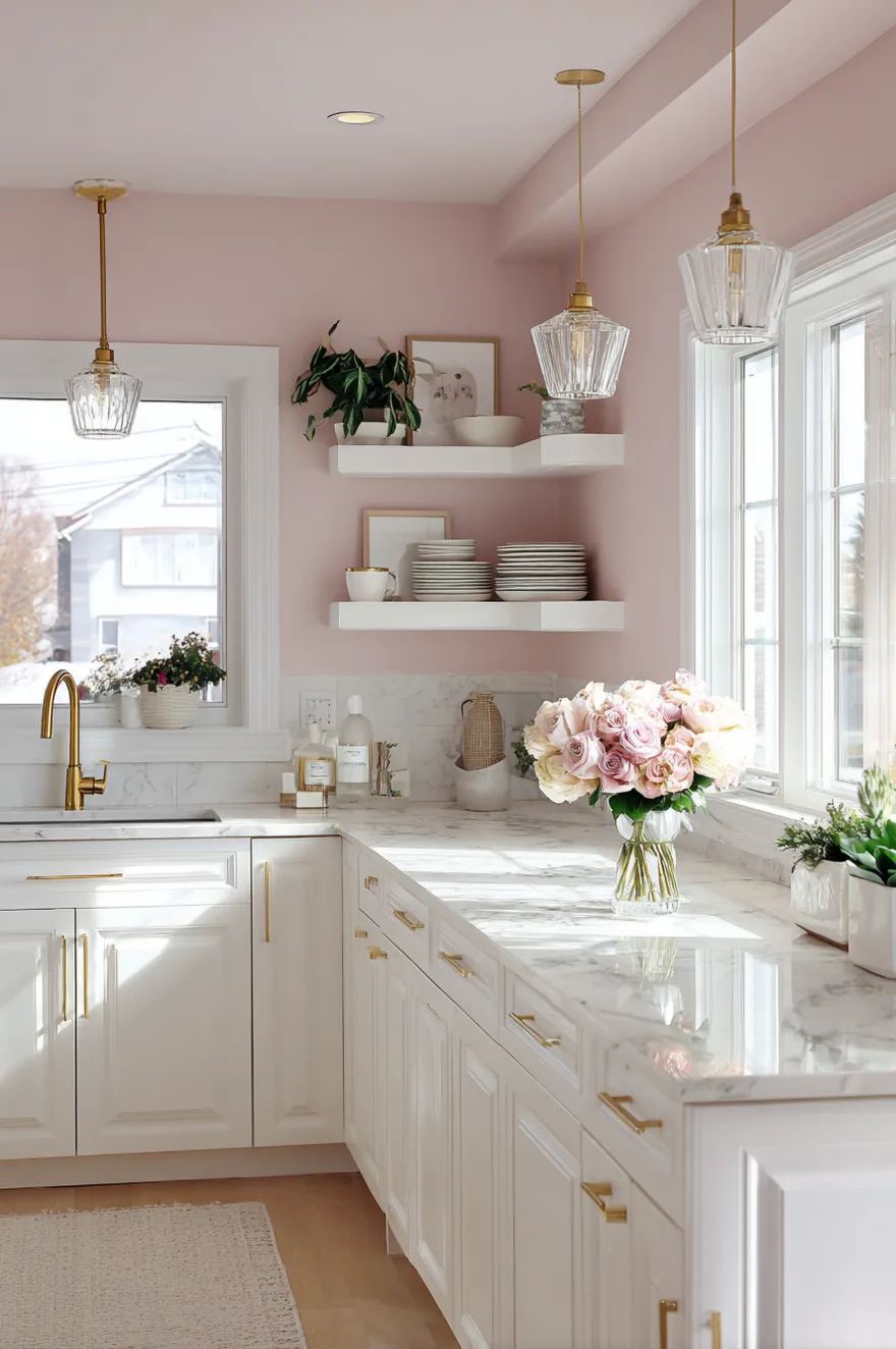 Modern kitchen featuring soft sage green walls paired with crisp white shaker cabinets and brass hardware.