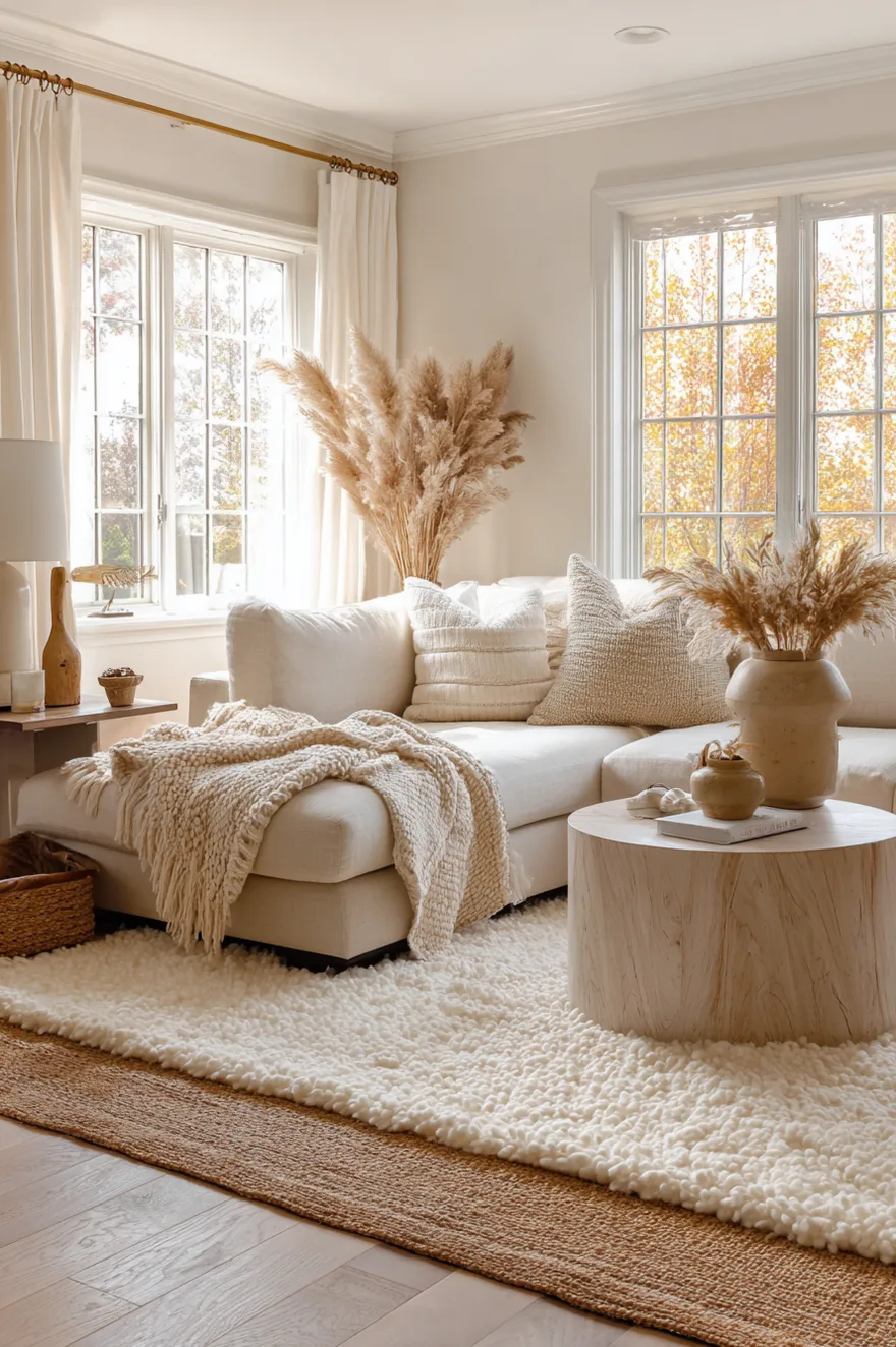 A bright living room featuring a white sectional sofa with a layered carpet design, placing a thick textured cream rug over a larger flat woven natural jute rug.