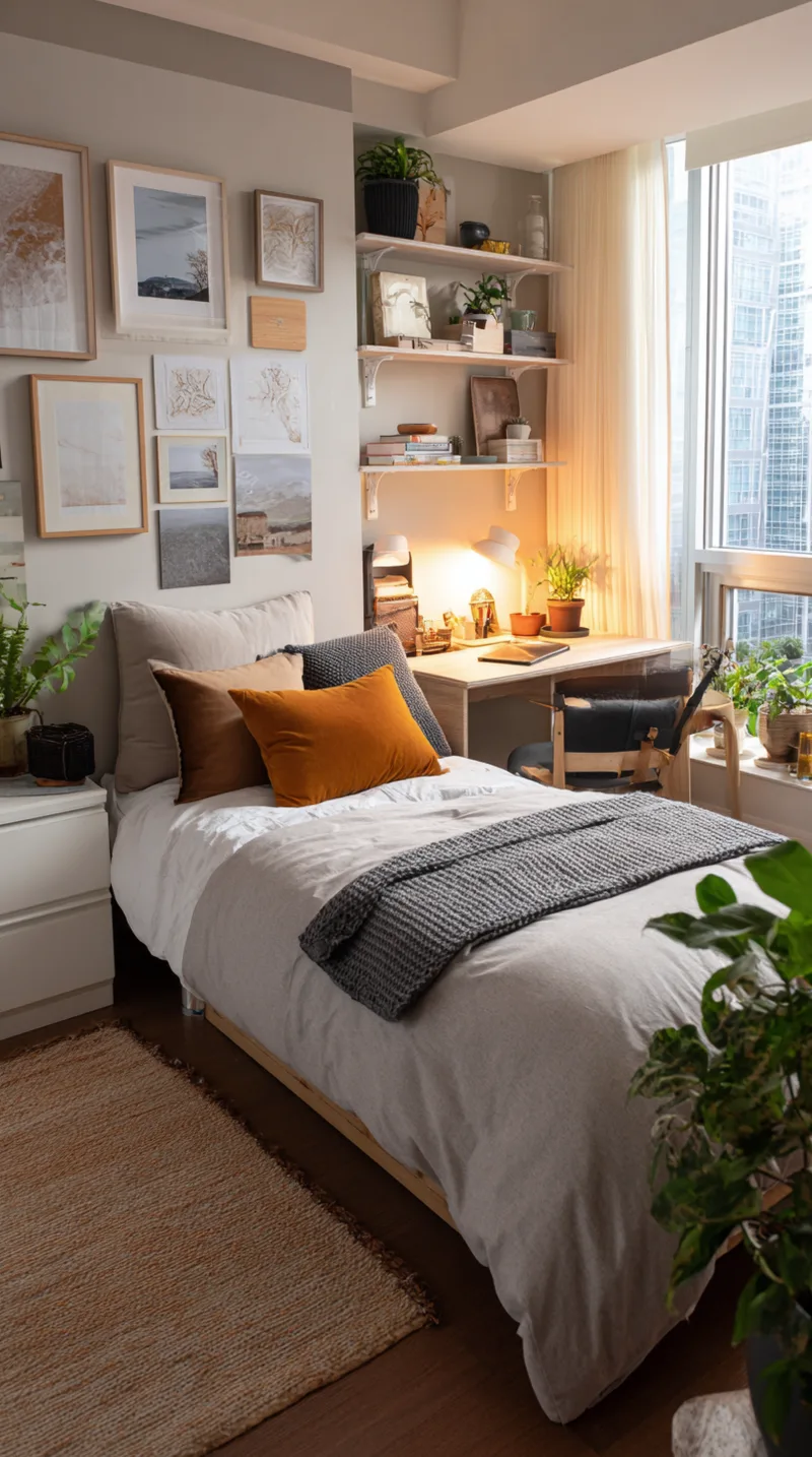 Bright and cozy teen bedroom with modular furniture, white bedding, and a customizable photo wall that can be easily updated.