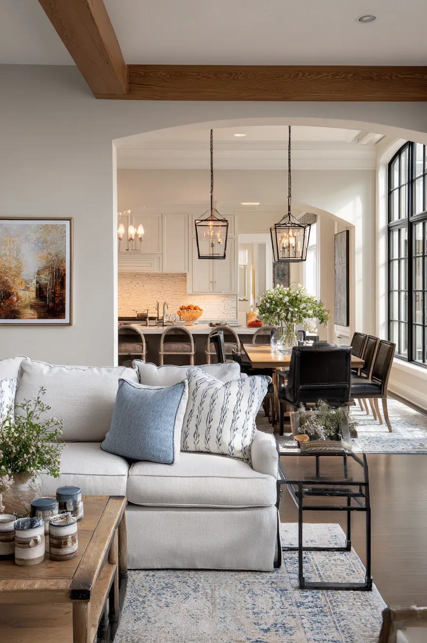 A bright open concept space featuring a white sofa with blue pillows in the foreground and a wooden dining table with black leather chairs illuminated by iron lantern pendants in the background.