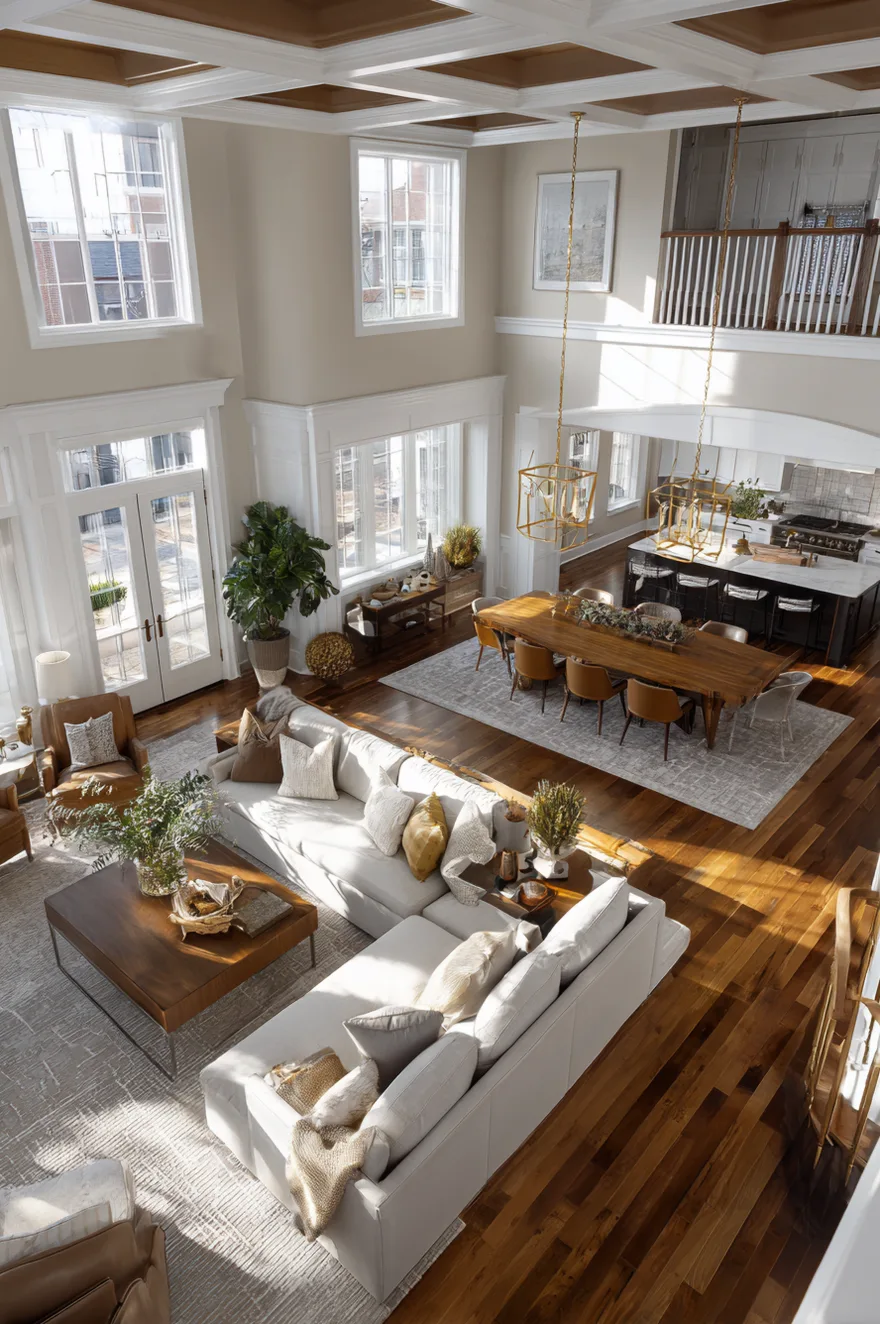 An aerial view of a large open plan room with hardwood floors, showcasing a light grey sectional sofa and a long wooden dining table paired with tan chairs and gold lantern chandeliers.