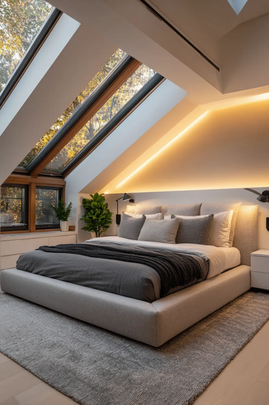A modern low platform bed with gray bedding in an attic room, featuring a slanted ceiling with large skylights showing autumn trees, and warm LED backlighting behind the headboard.