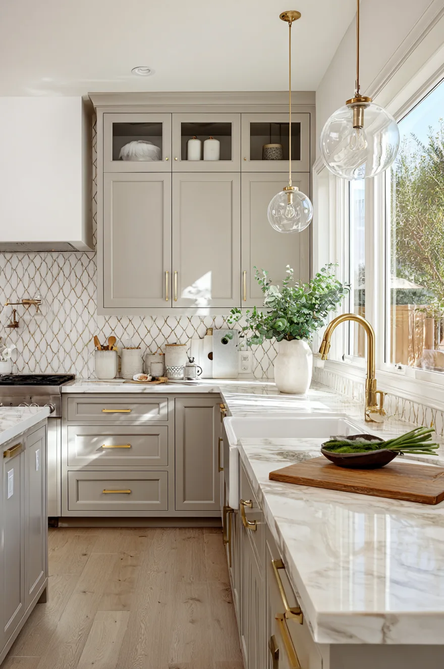 Light warm gray kitchen cabinets with gold hardware, white marble countertops, a white apron sink, a geometric patterned backsplash, and two round glass pendant lights.