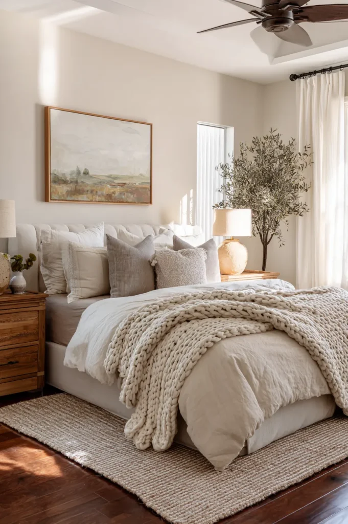 A cozy bedroom with warm beige walls featuring a white tufted bed covered with a chunky knit blanket, framed landscape art, and a tall olive tree in the corner.