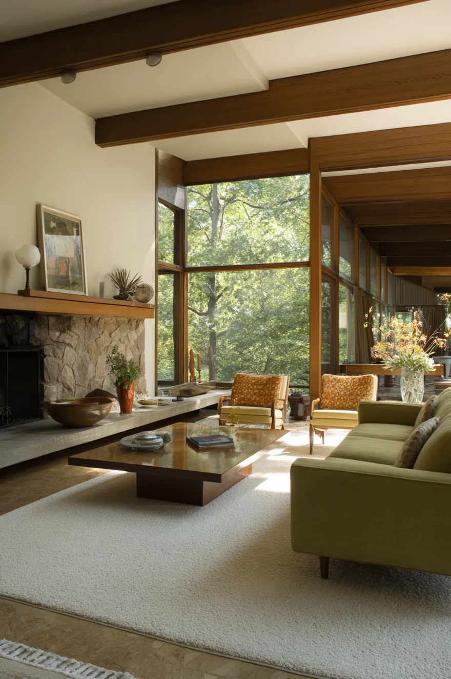 A mid-century modern living room featuring a low-profile gray sofa with tapered wooden legs and a low walnut coffee table resting on a textured rug.