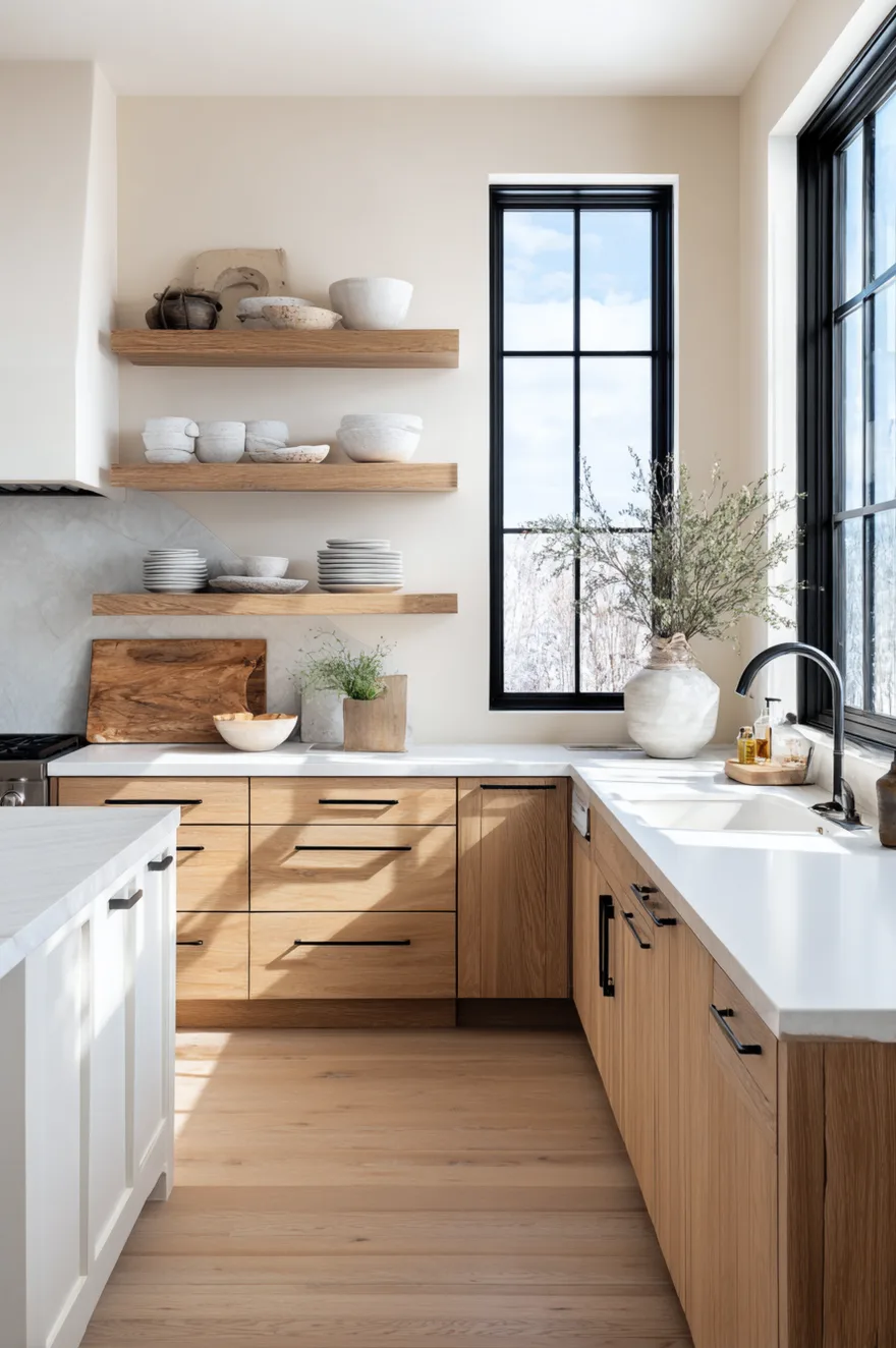 Light wood flat front cabinets in a bright kitchen with black window frames and open shelves.