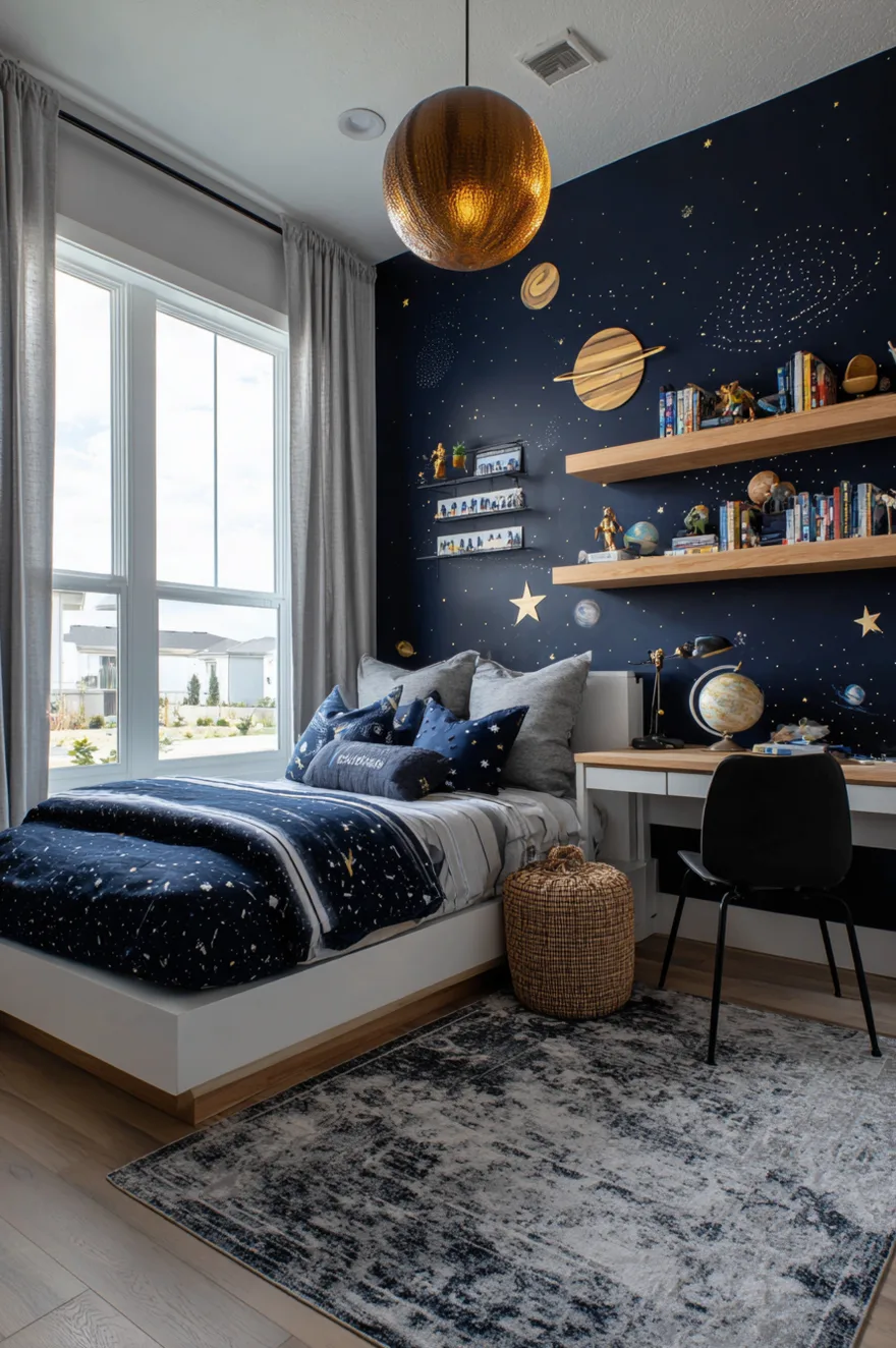 Navy blue boys bedroom featuring a galaxy accent wall with planet and star decals, floating wood shelves, a white bed with navy star patterned bedding, and a large round gold pendant light.