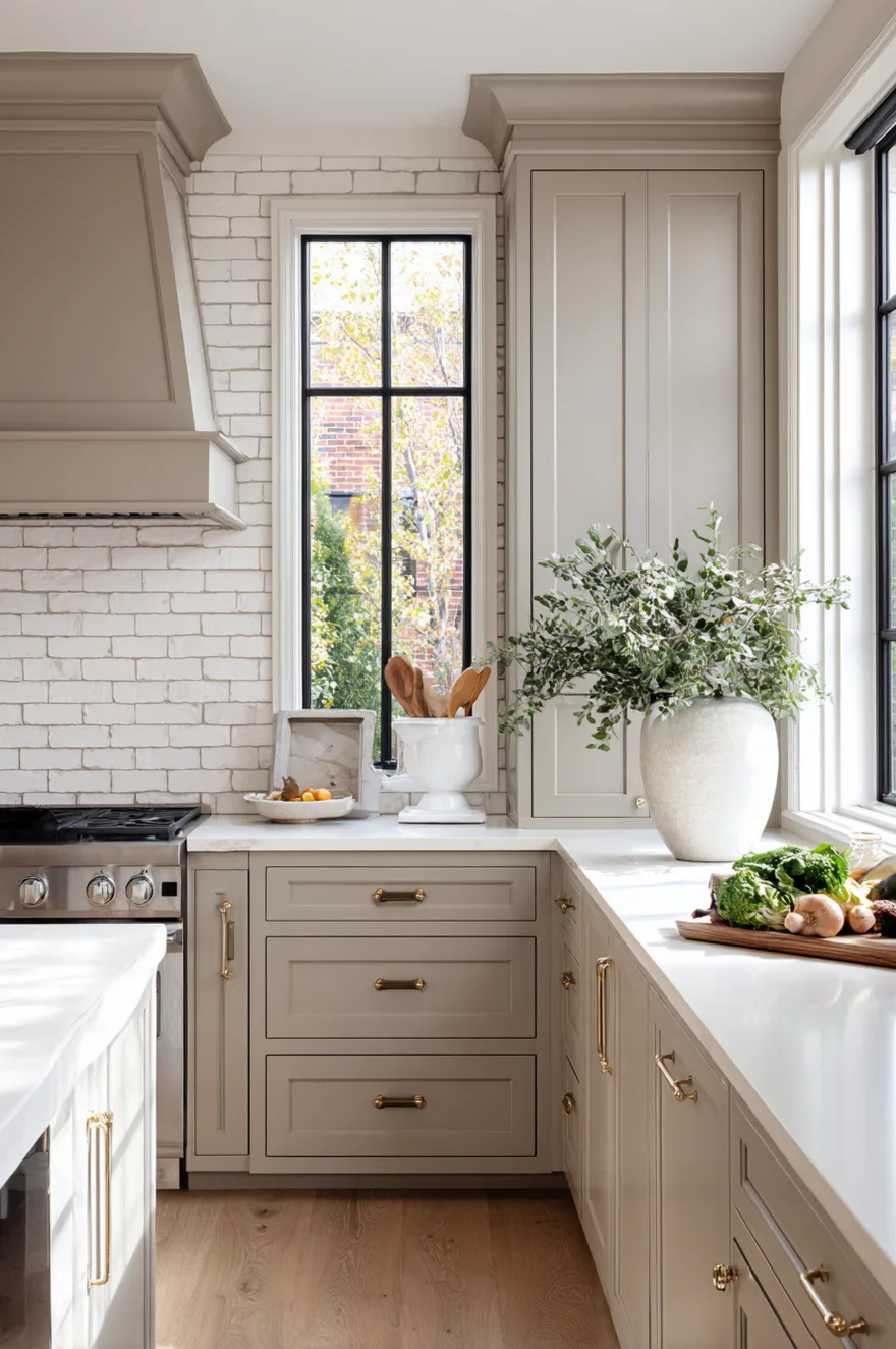 Taupe shaker kitchen cabinets paired with a classic white subway tile backsplash, white countertops, and brushed nickel hardware.