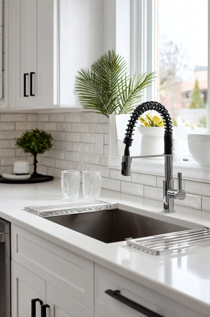 Stainless steel undermount sink with a black spring-neck faucet, set into white quartz countertops against a white subway tile backsplash with a small green potted plant.