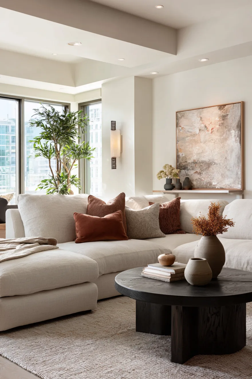 Japandi living room with warm recessed cove lighting illuminating a light wood slatted ceiling, a minimalist beige sofa, and a low profile wood coffee table.