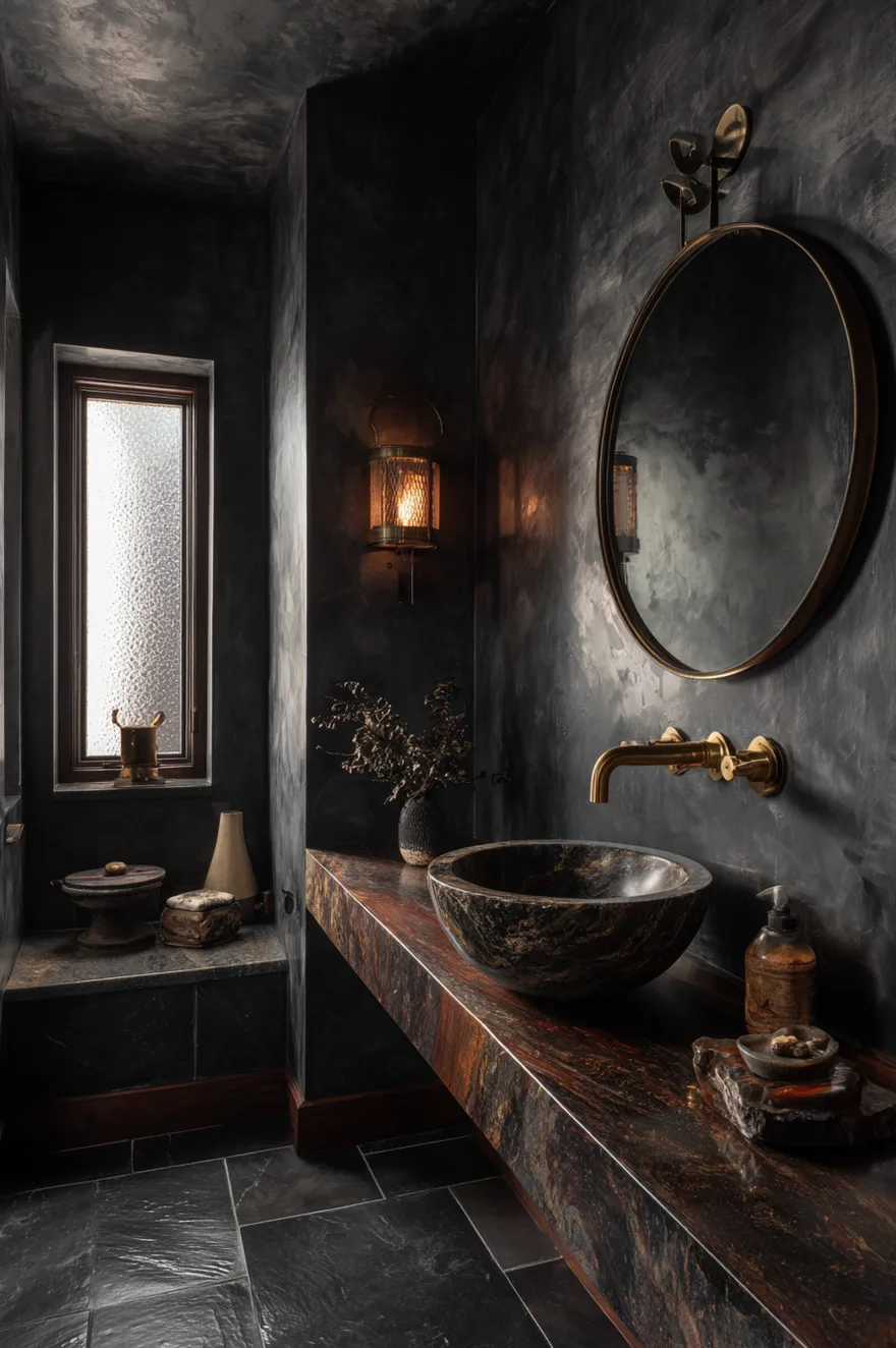 Dramatic powder room with floor-to-ceiling black plaster walls, floating black walnut vanity, backlit dark marble vessel sink, and unlacquered brass faucet and round antiqued mirror.