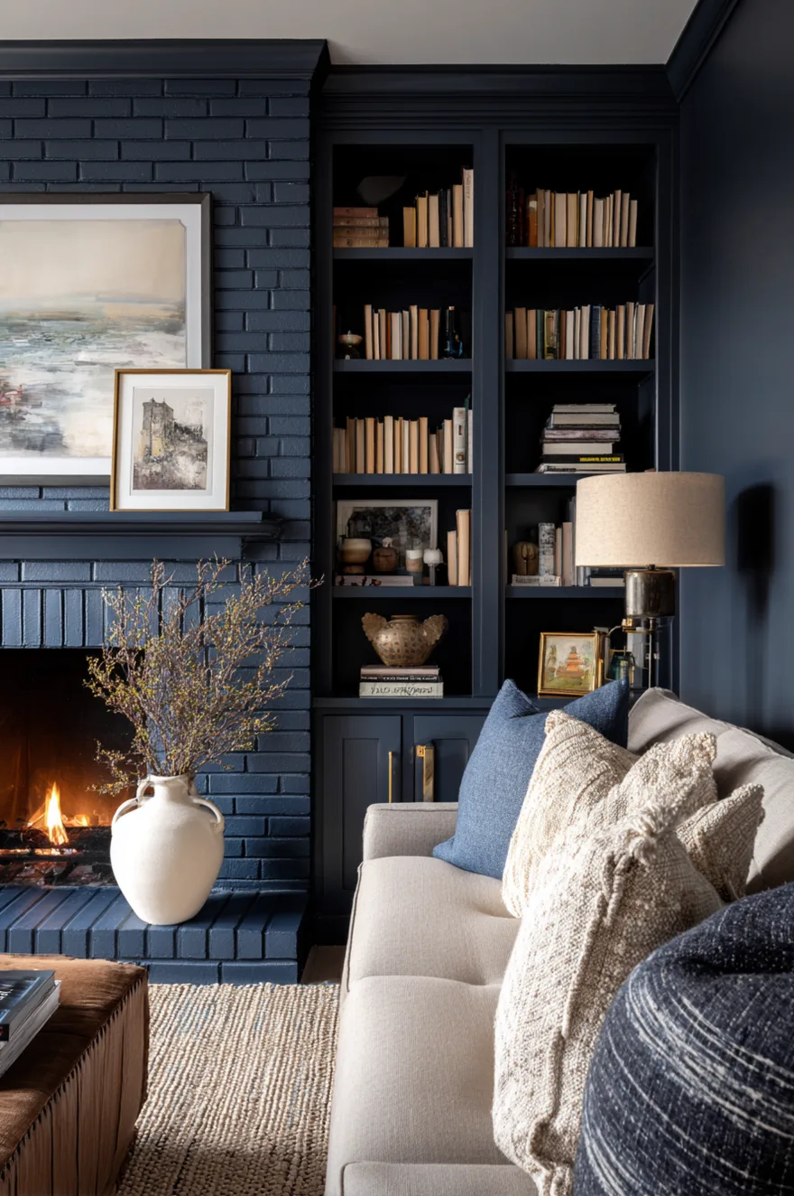Floor-to-ceiling built-in shelves flanking a navy painted brick fireplace with brass hardware, stacked art books, and a large white ceramic vase in a sophisticated living room.