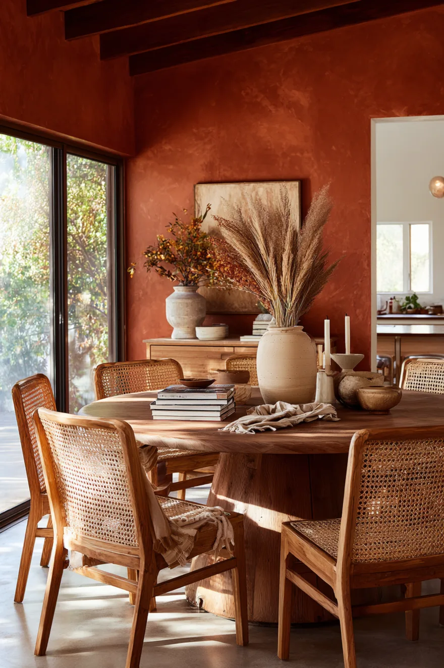 Cane-back dining chairs with honey finish at a round wood table against a terracotta plaster wall with dried stems and low candle holders.