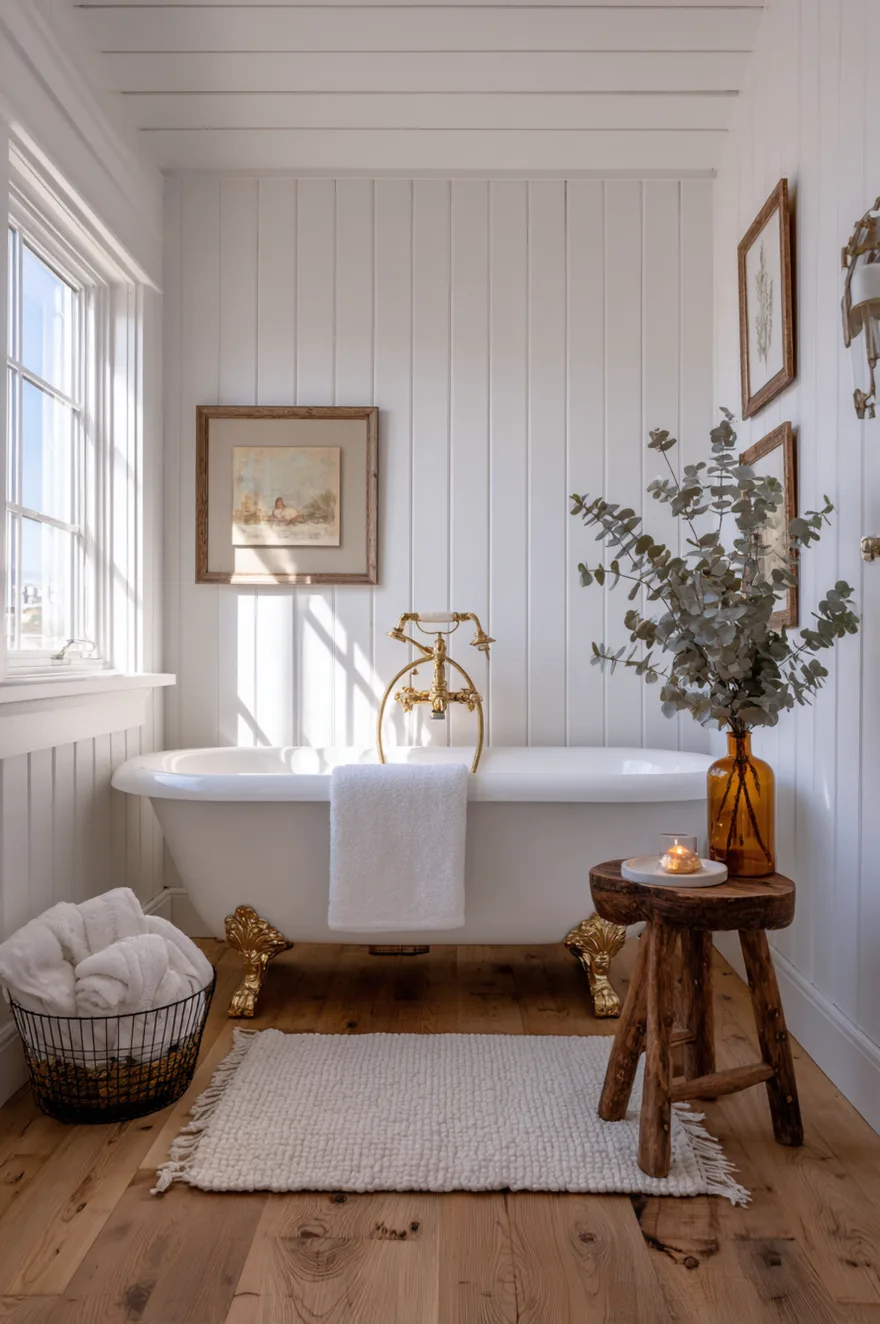 White freestanding clawfoot tub centered against floor-to-ceiling shiplap walls with brass fixtures, rolled towels in a wire basket, and a wooden stool in a farmhouse bathroom.