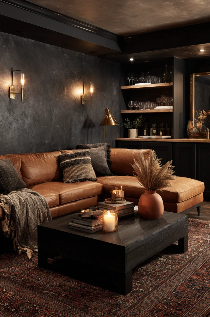 Moody finished basement with charcoal limewash walls, cognac leather sectional, vintage Persian rug, Edison-bulb sconces, and dried pampas grass in a terracotta vase.