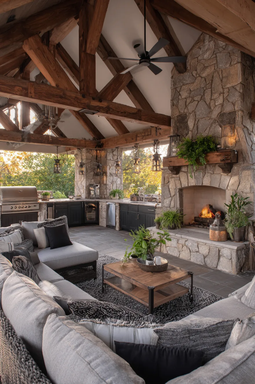 Rustic stone covered pavilion with warm wood ceiling beams, a large outdoor fireplace, built-in kitchen cabinets, and cozy wicker sofa seating on a patio.