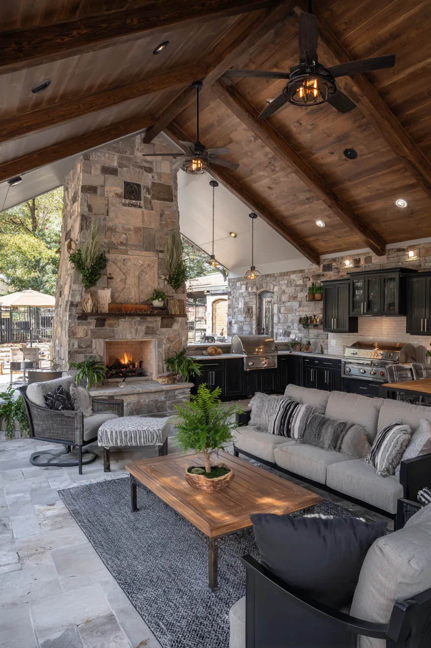 Bright, modern farmhouse style covered pavilion kitchen with white cabinetry, wood accents, stainless steel grill, a stone fireplace, and Edison string lights.