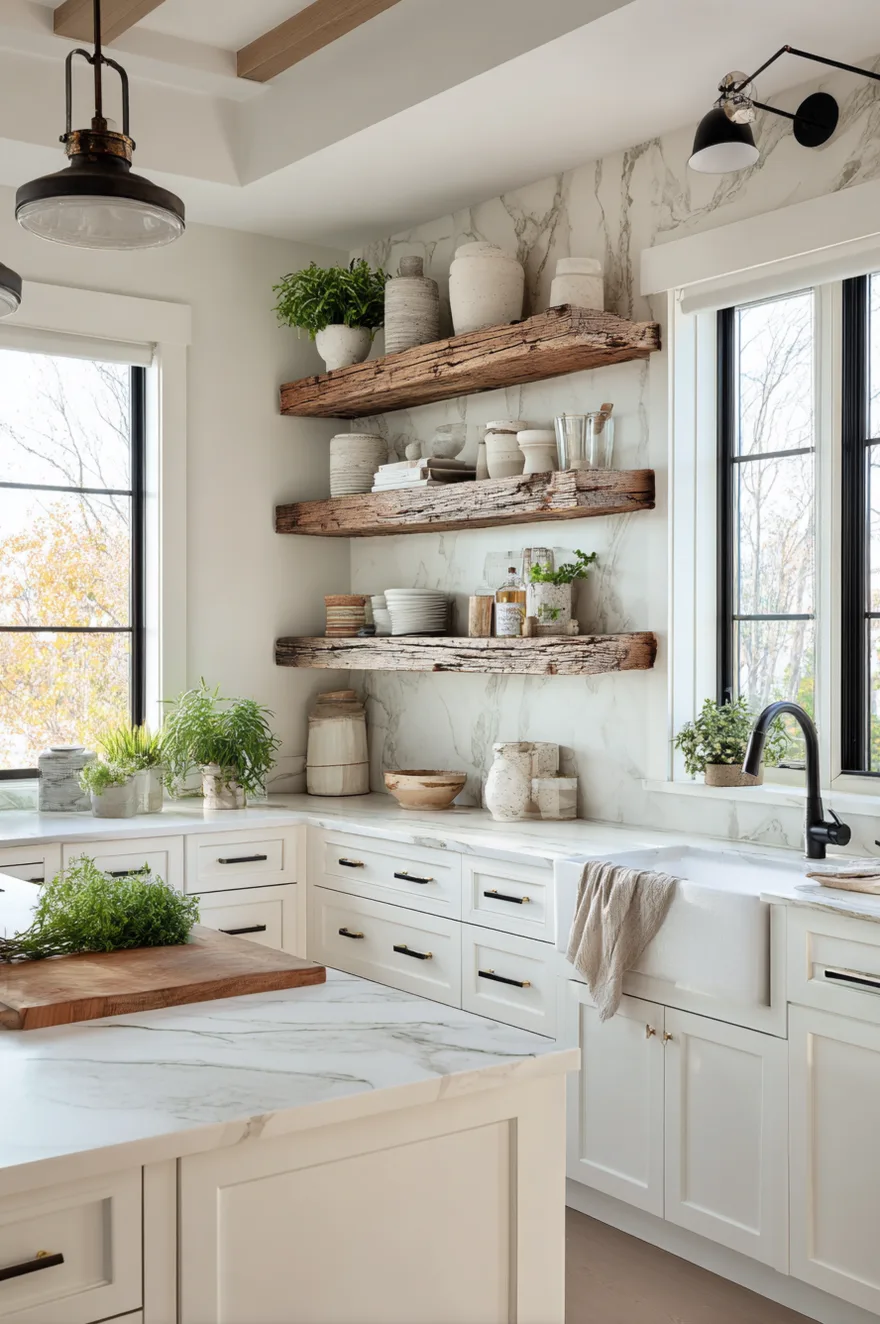 Three thick floating shelves made of highly textured reclaimed barn wood mounted on a white marble backsplash, displaying rustic white ceramic vases, crocks, and stacked dishes above a white sink and black faucet.