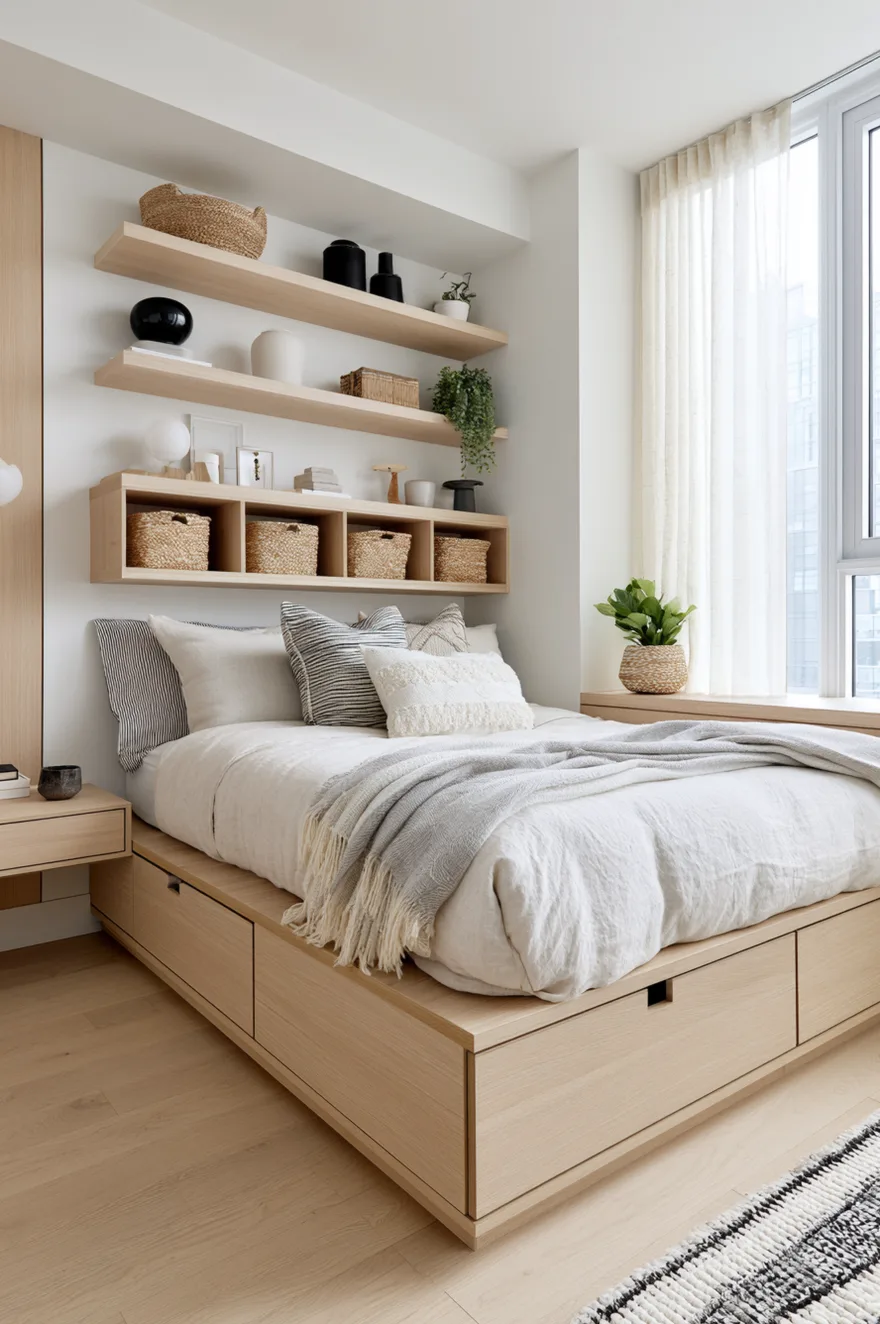 Small organized bedroom featuring a light wood storage bed with built-in drawers, floating shelves on the wall holding woven storage baskets and black ceramics, and white linen bedding with a gray striped accent pillow.