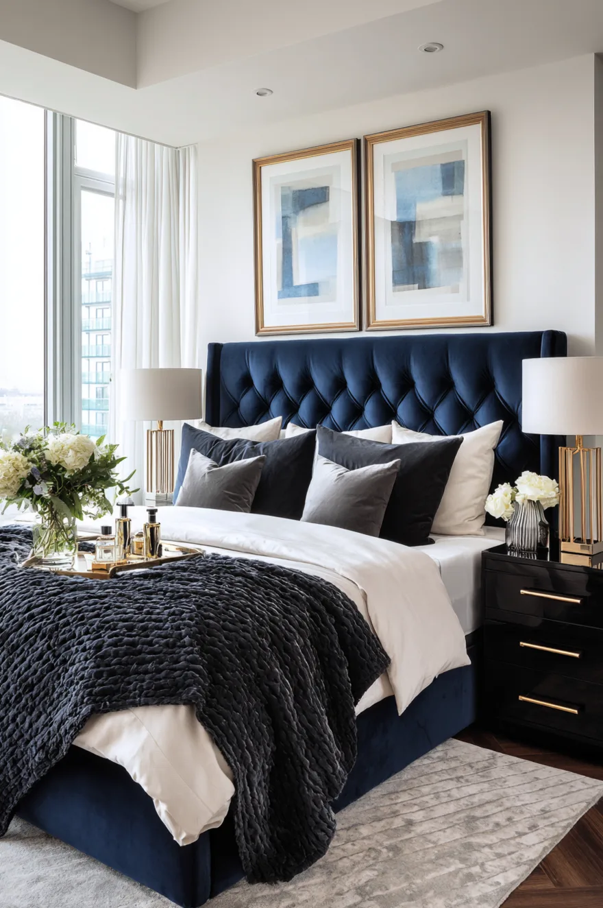 Master bedroom with a deep blue tufted velvet headboard, symmetrical black glossy nightstands, gold column lamps, and layers of white bedding and a dark gray knit throw.
