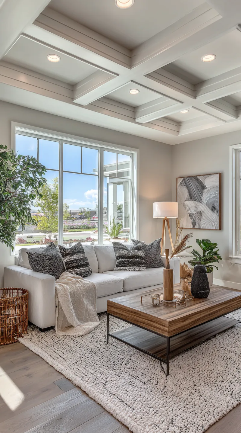 Bright open concept living room illuminated by evenly spaced recessed ceiling lights and warm lamp accents.