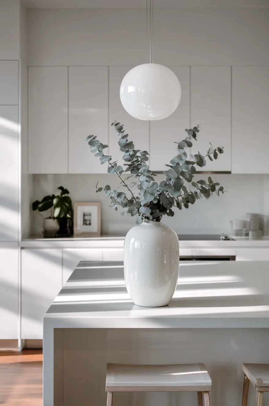 Seamless white modern kitchen island with a single sleek white ceramic vase holding several tall, dramatic branches of silver dollar eucalyptus leaves under a minimalist white glass globe pendant light.