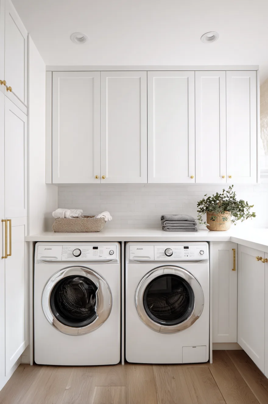 White shaker style cabinets installed above a washer and dryer to hide cleaning supplies.
