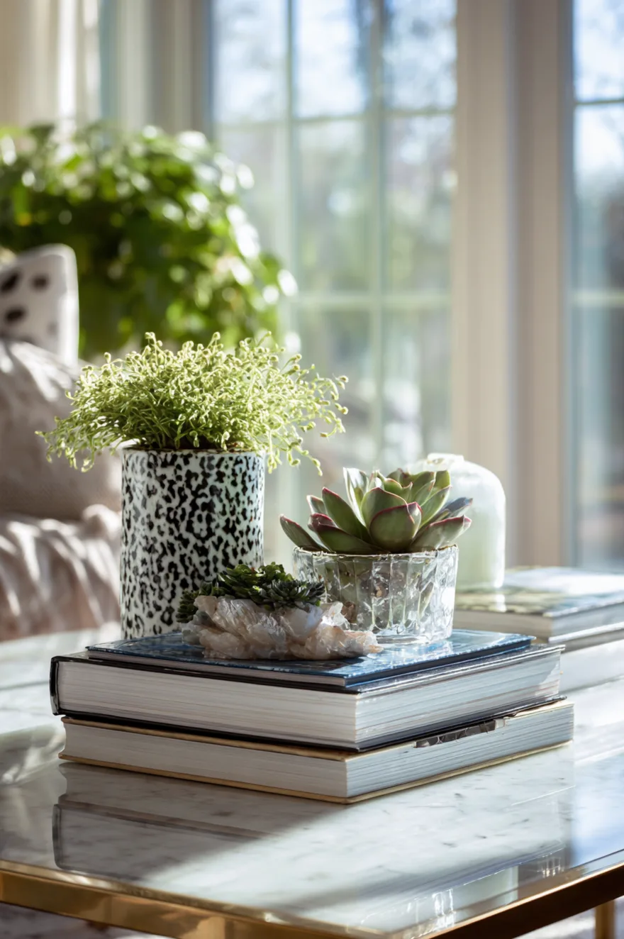 Three travel books stacked on a coffee table featuring a small ceramic bird and a piece of natural driftwood.