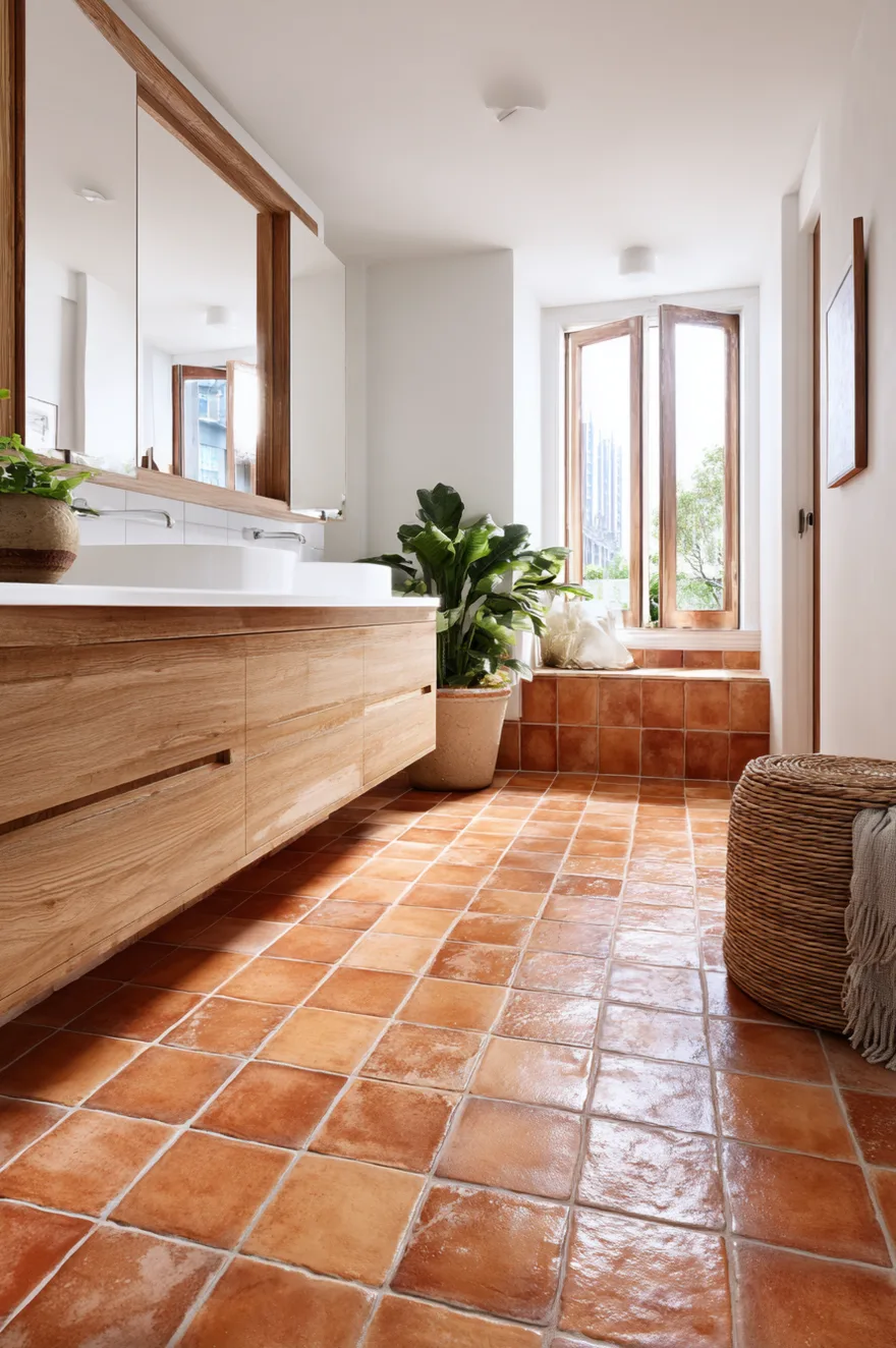 A bright bathroom featuring square terracotta floor tiles that extend up onto a window bench, paired with a light oak floating vanity and a large green potted plant.